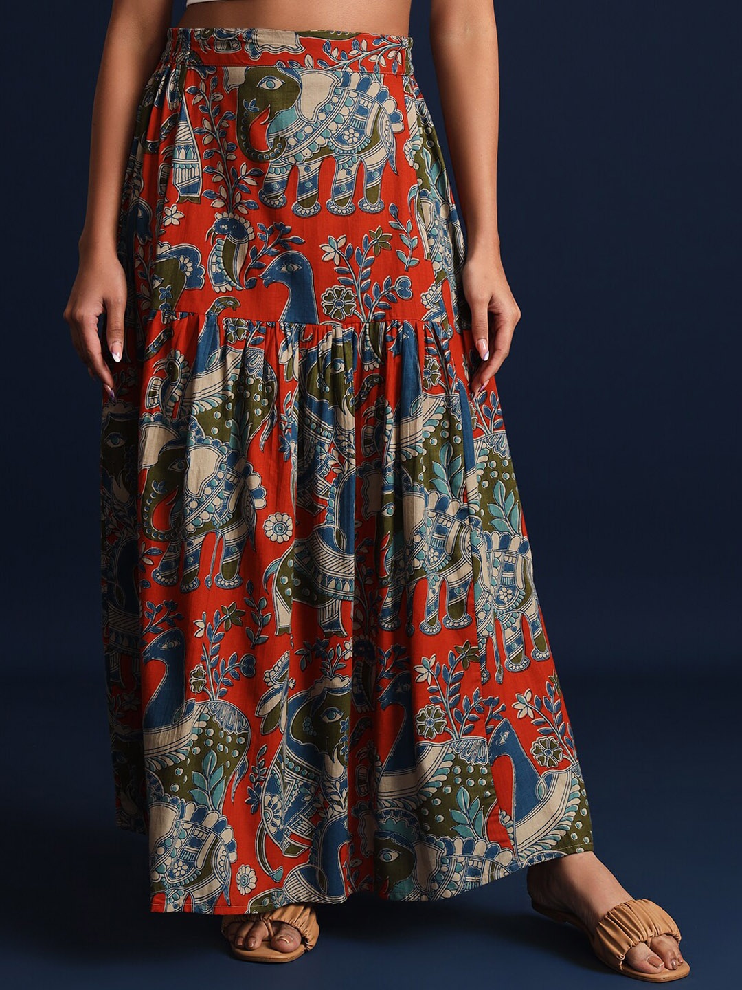 

Taavi Kalamkari Printed Pure Cotton Maxi Skirt, Red