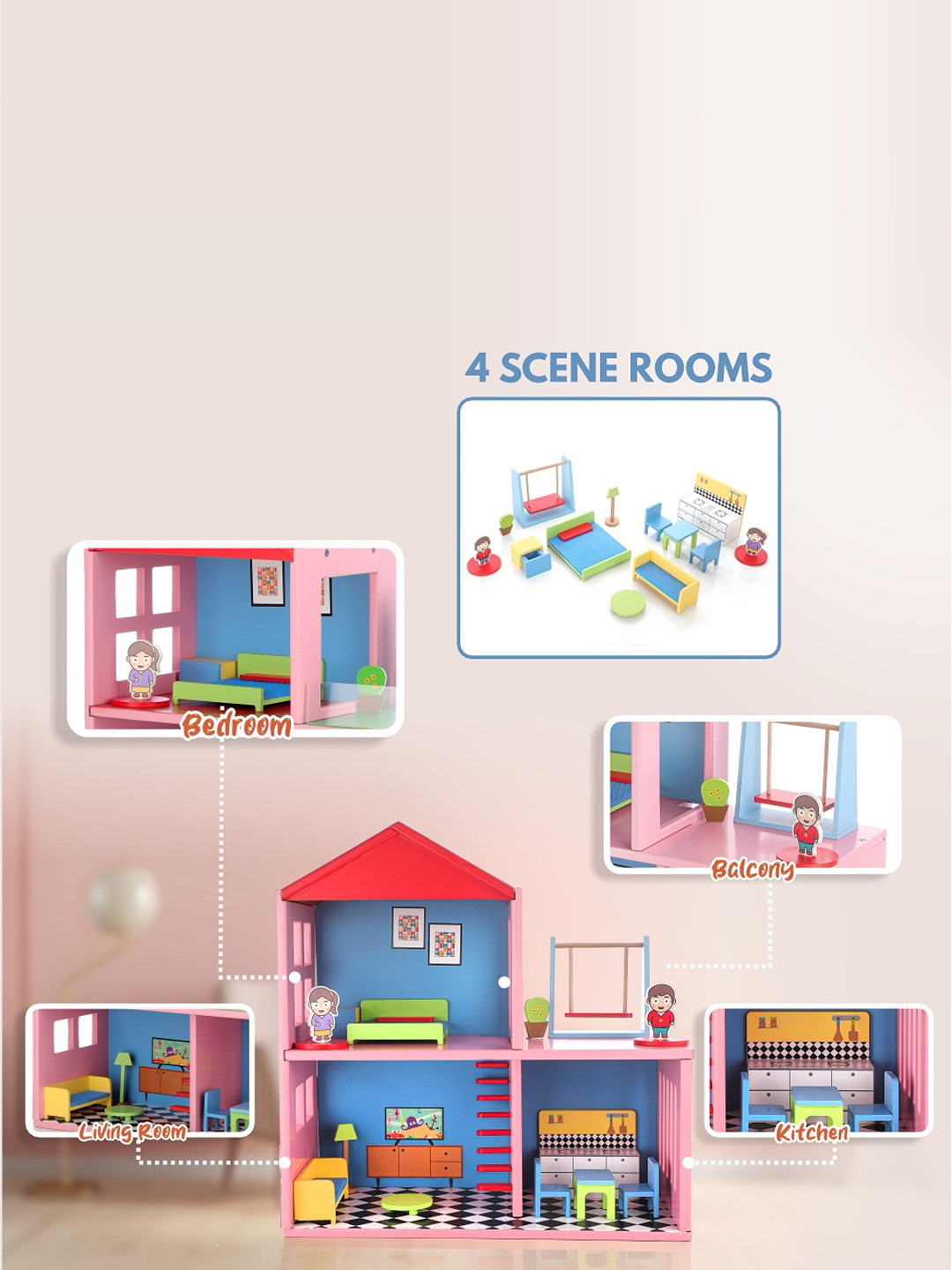 

Aditi Toys Kids Wooden Doll House With 4 Rooms, Pink