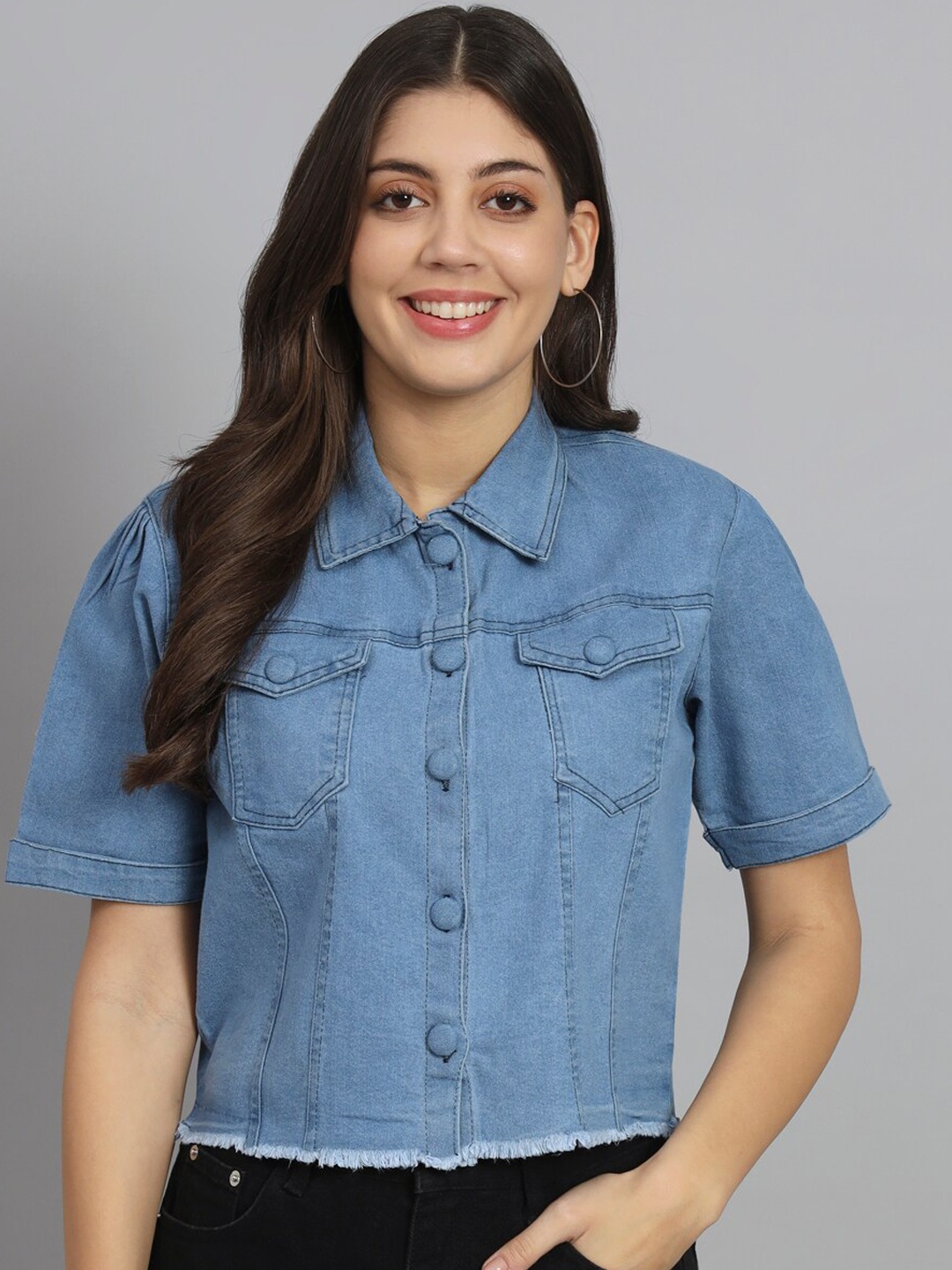 

urSense Spread Collar Lightweight Pure Cotton Crop Denim Jacket, Blue