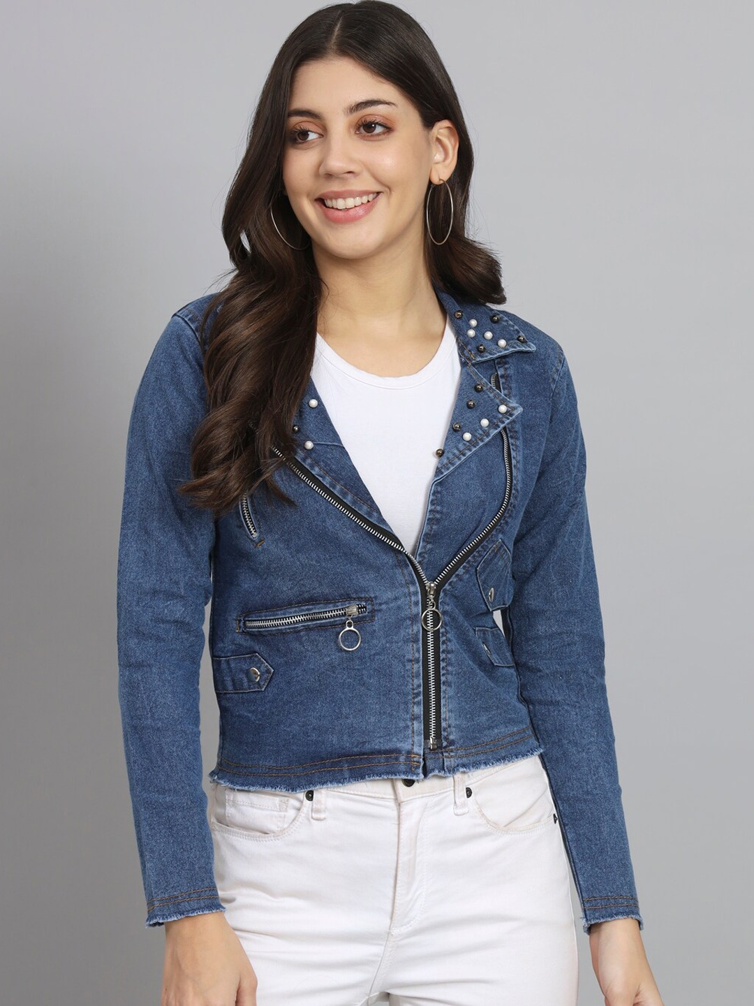 

urSense Embellished Lightweight Crop Pure Cotton Denim Jacket, Blue