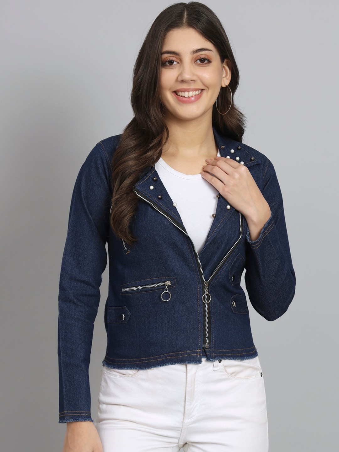 

urSense Embellished Lightweight Crop Pure Cotton Denim Jacket, Blue
