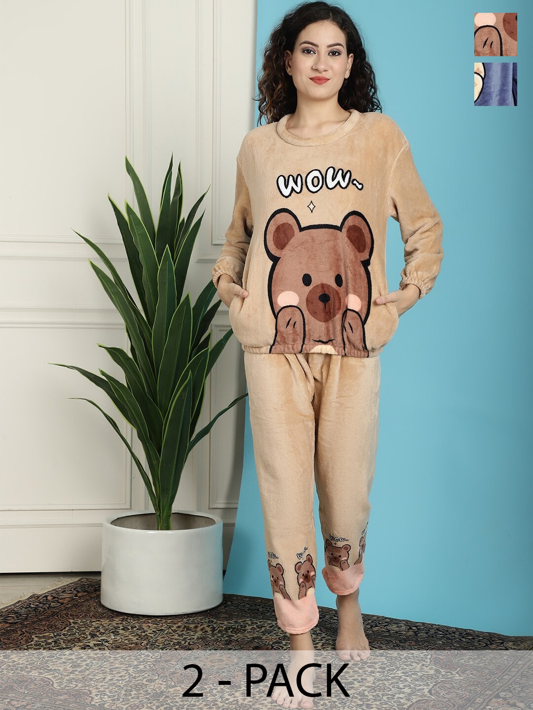 

TAG 7 Pack Of 2 Cartoon Characters Printed Night suit, Beige