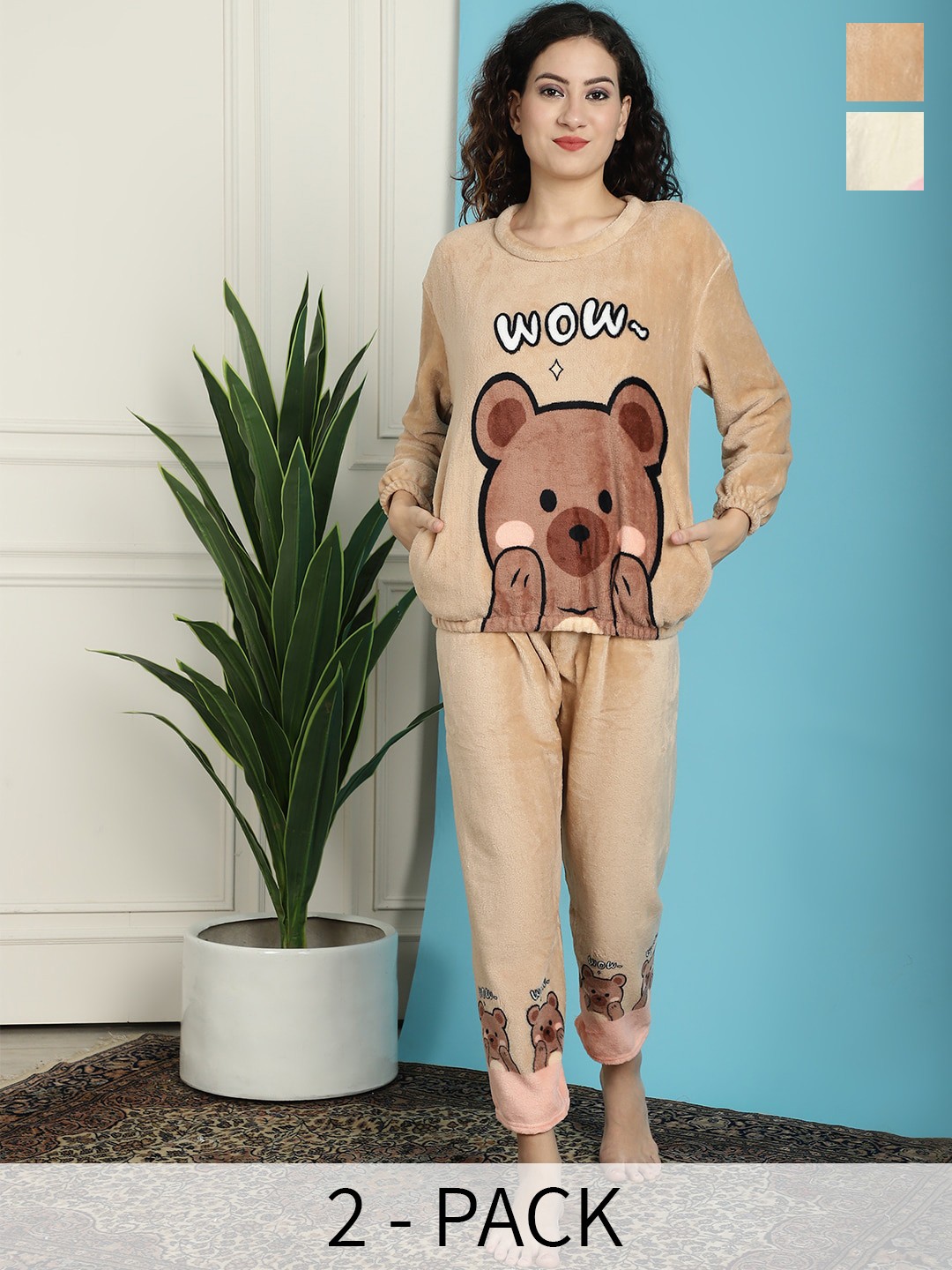 

TAG 7 Pack Of 2 Graphic Printed Night suit, Beige