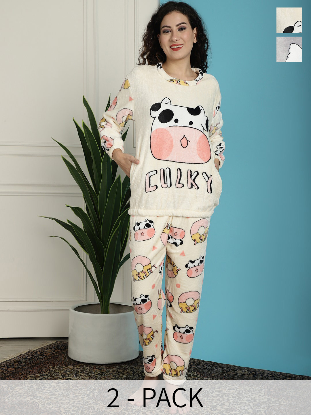 

TAG 7 Pack Of 2 Cartoon Characters Printed Night suit, Cream