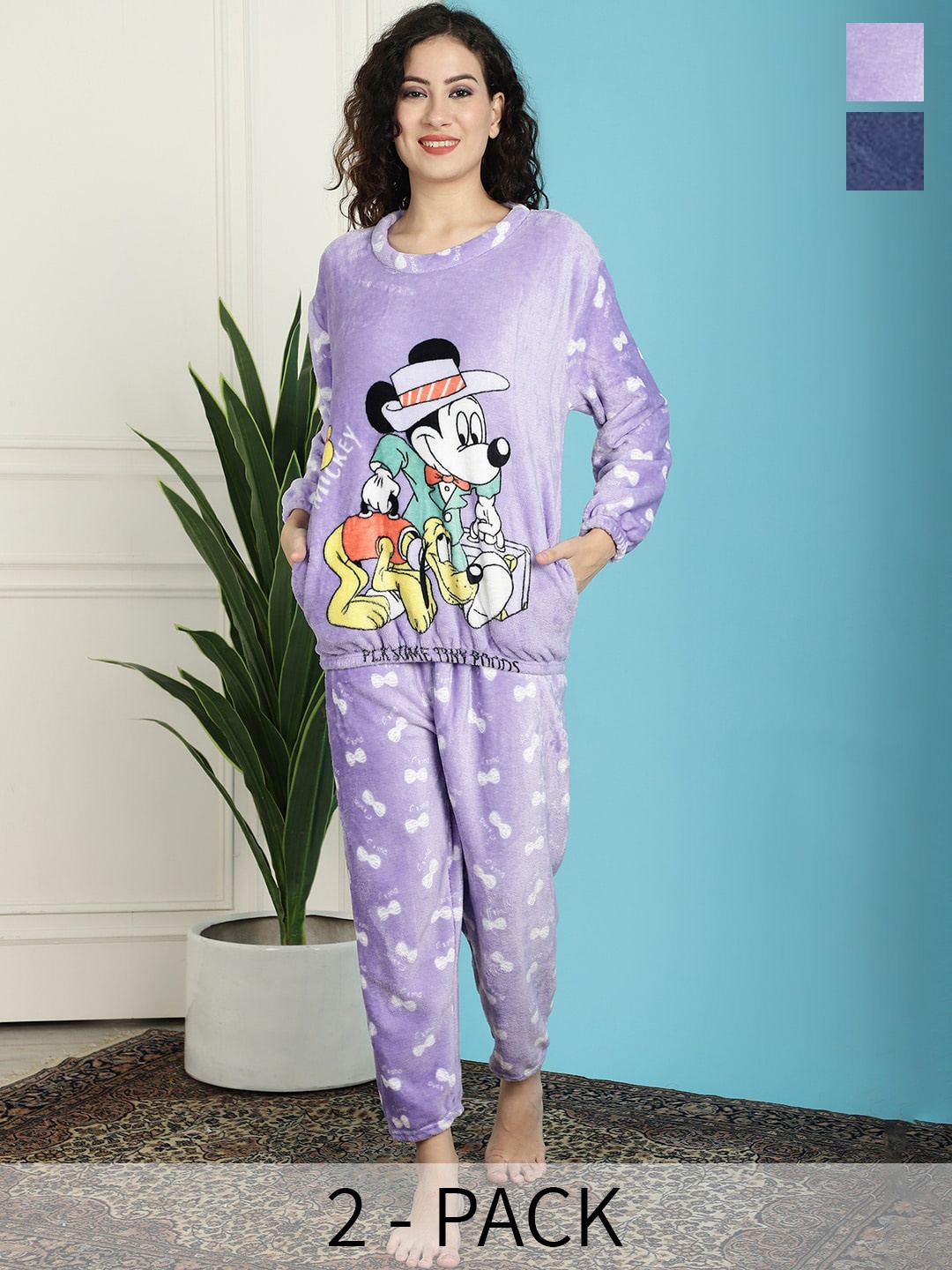 

TAG 7 Pack Of 2 Mickey & Pluto Printed T-shirt With Lounge Pant, Purple