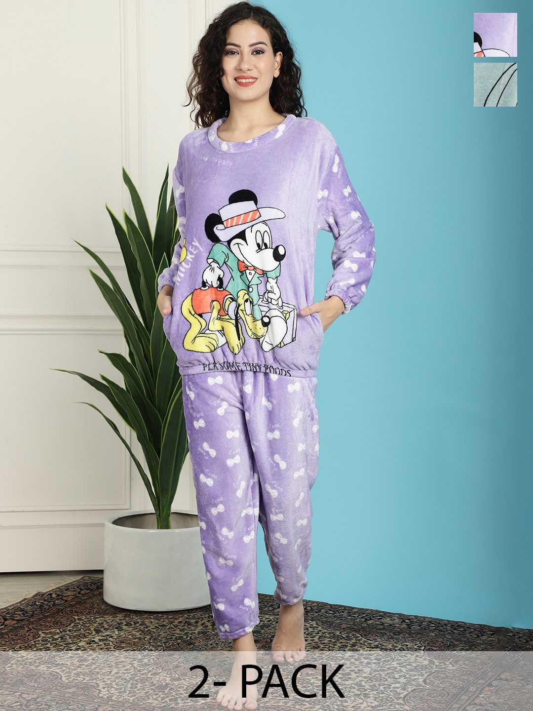 

TAG 7 Pack Of 2 Mickey Mouse Printed Fur Night Suit, Green