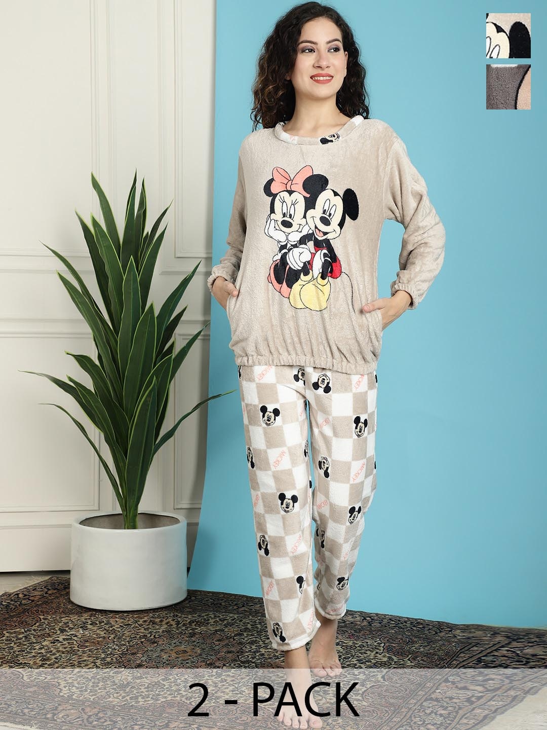 

TAG 7 Pack Of 2 Mickey Mouse Printed Night suit, Beige