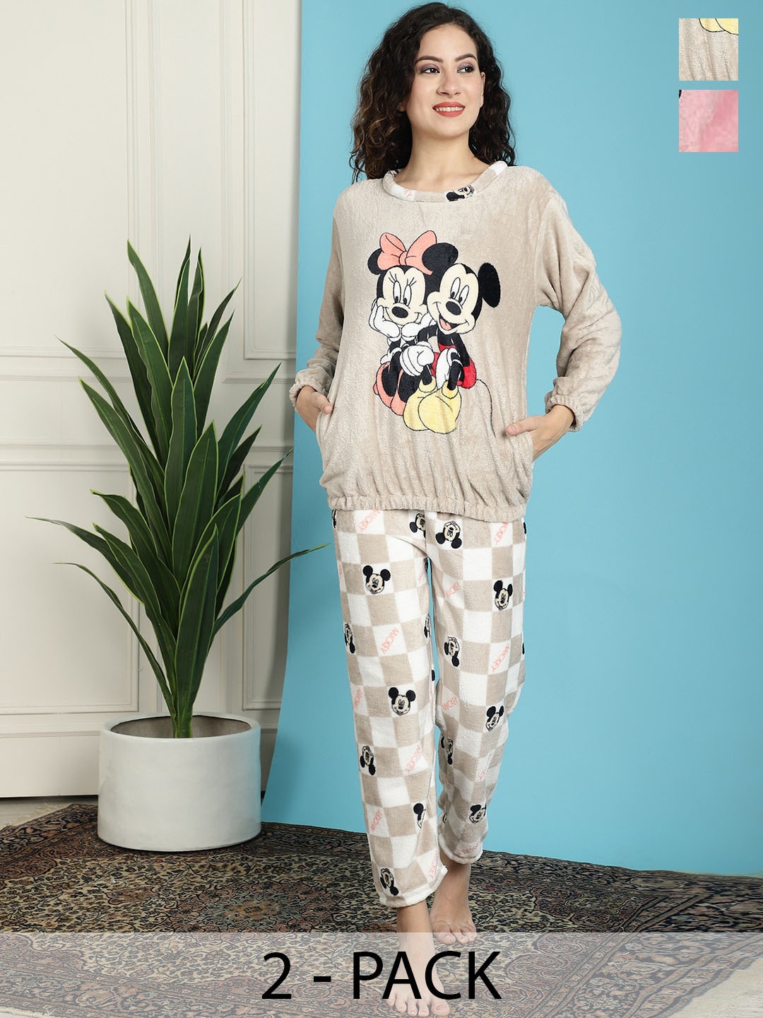 

TAG 7 Pack Of 2 Cartoon Characters Printed Night suit, Beige