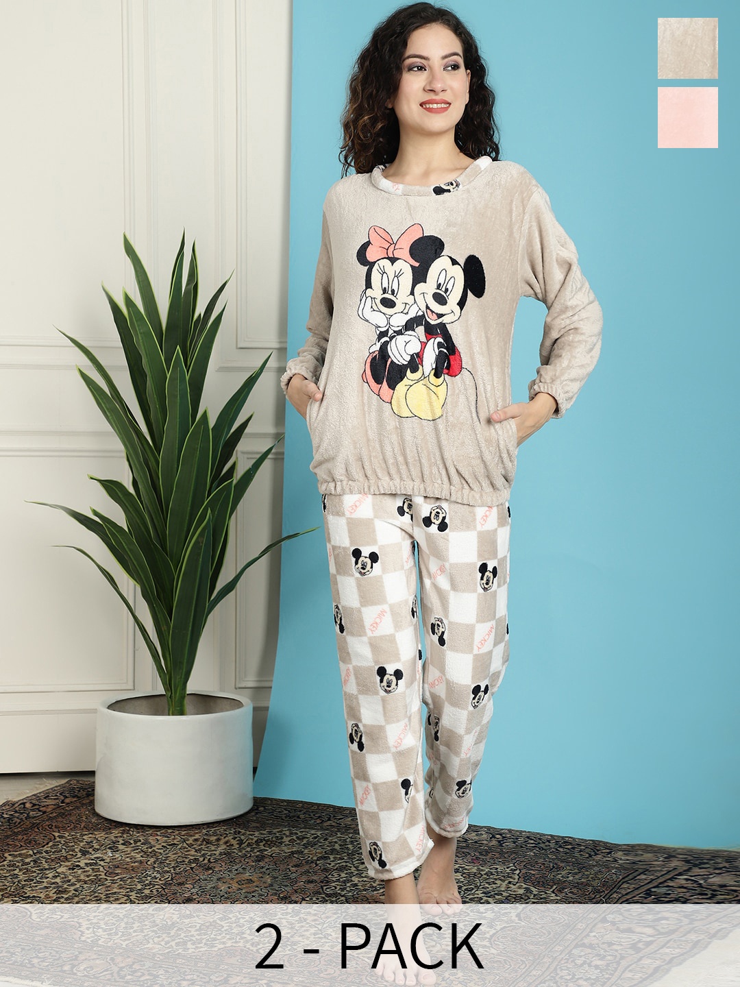

TAG 7 Pack Of 2 Mickey Mouse Printed Night suit, Beige
