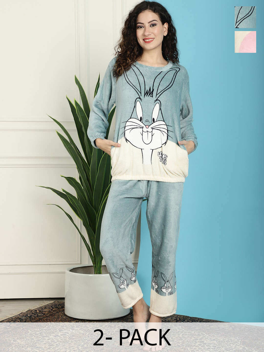 

TAG 7 Pack Of 2 Bugs Bunny Printed Night suit, Green