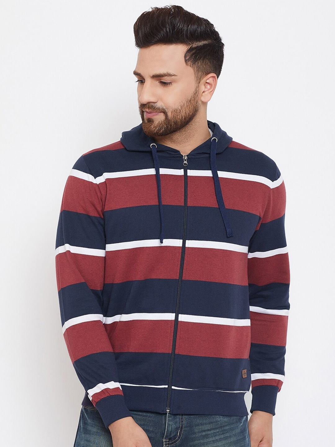 

Austin wood Colourblocked Fleece Long Sleeves Hood Front-Open Sweatshirt, Maroon