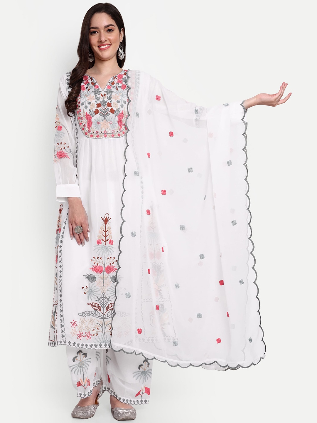 

KALINI Floral Embroidered Mirror Work Georgette Kurta With Palazzos & Dupatta, White