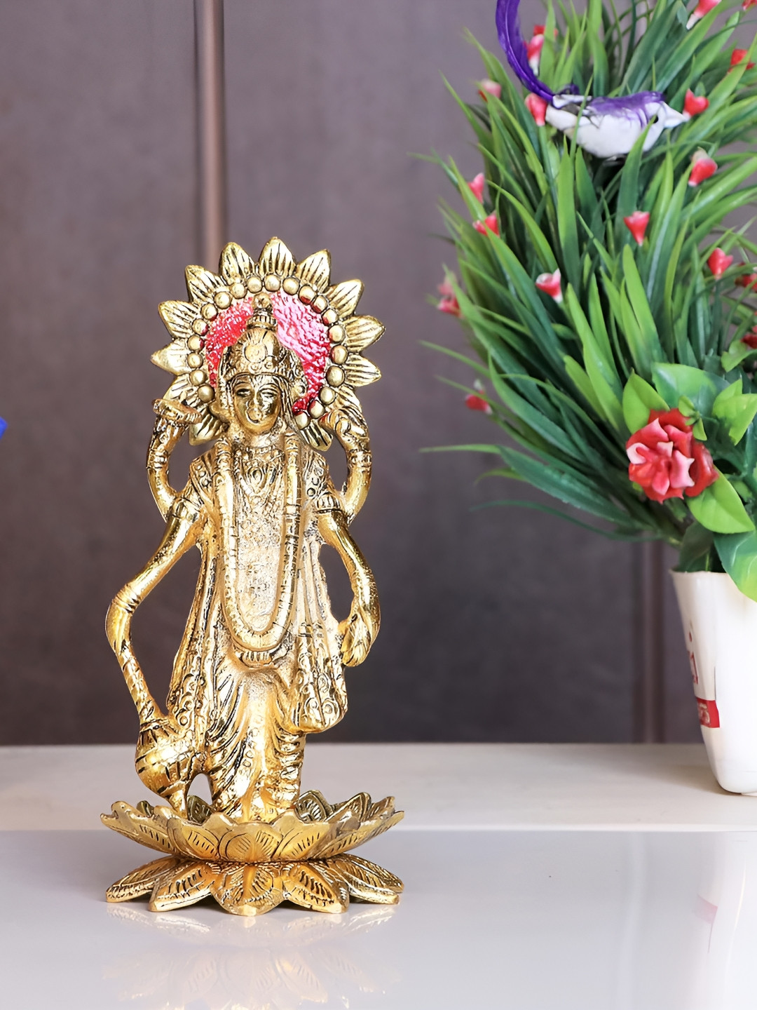 

Kridaykraft Gold-Plated Narayan-Vishnu Standing on Lotus Metal Showpiece