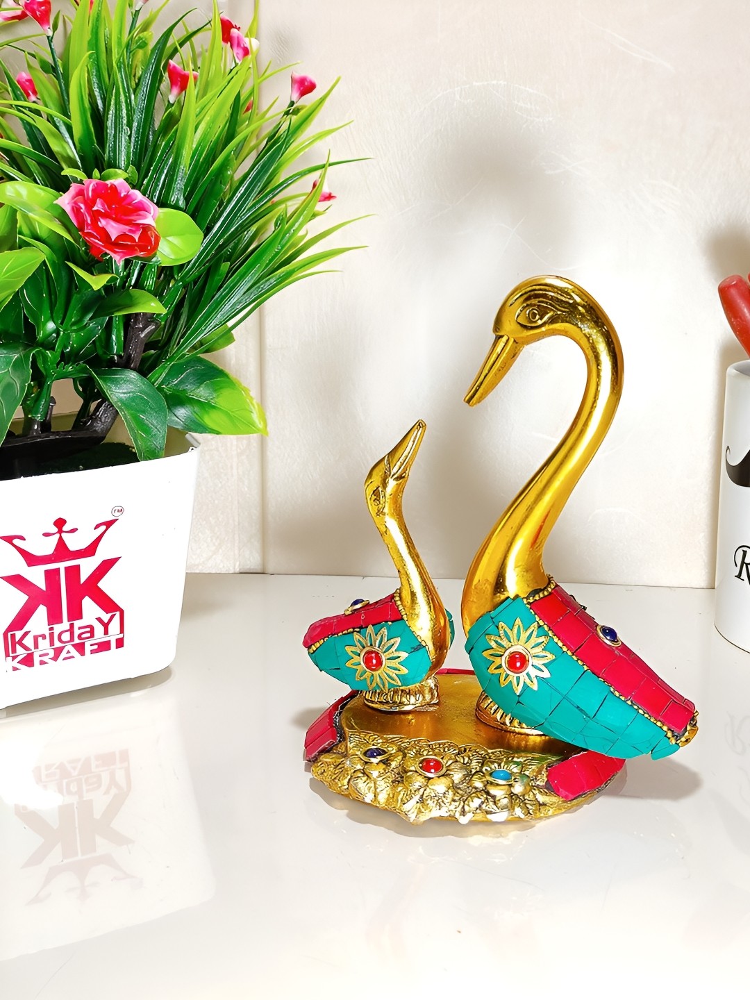 

Kridaykraft Golden & Red A Pair of Swan Figurine Metal Showpiece, Gold