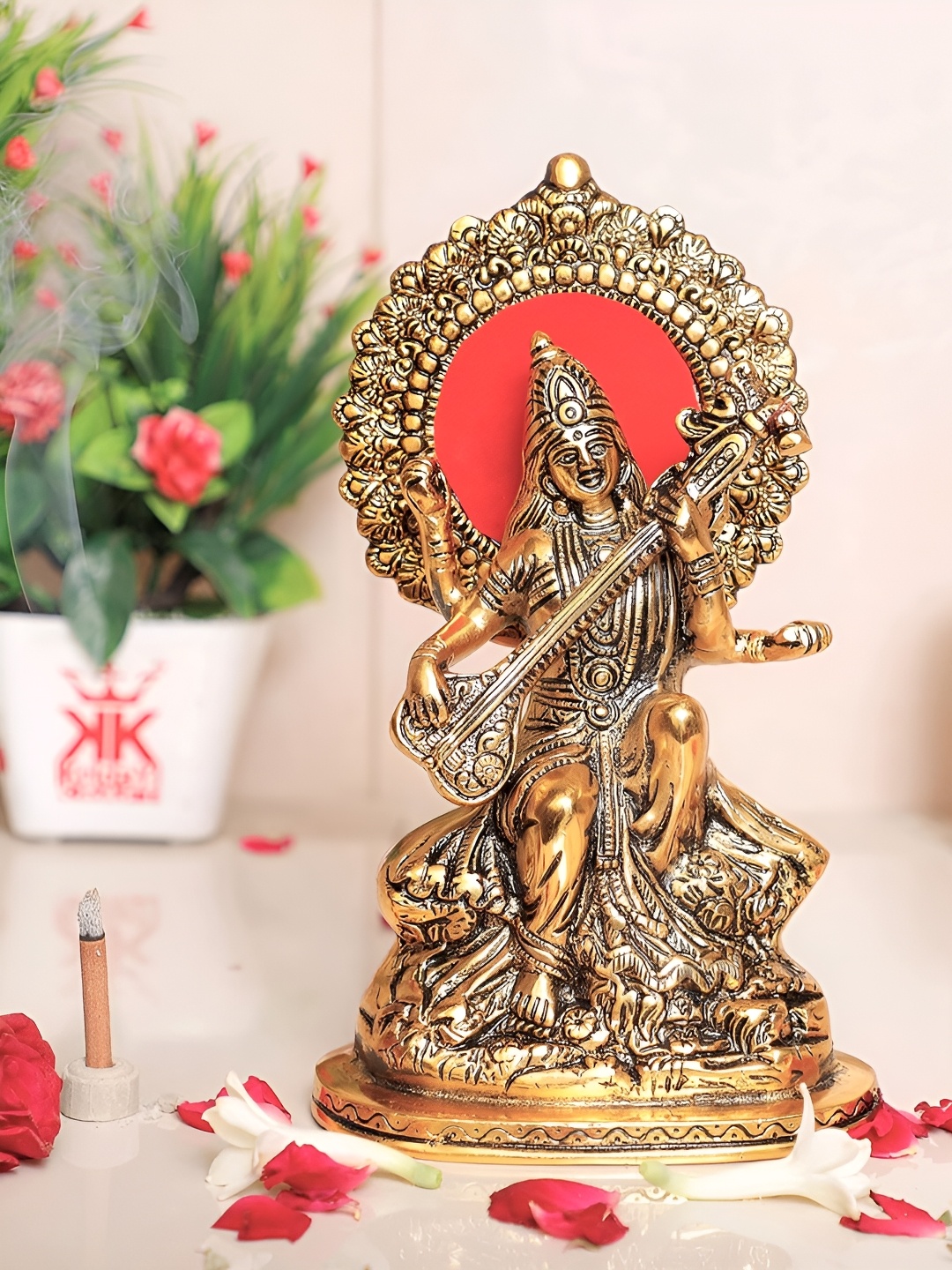 

Kridaykraft Gold-Plated Maa Saraswati Metal Statue Showpiece