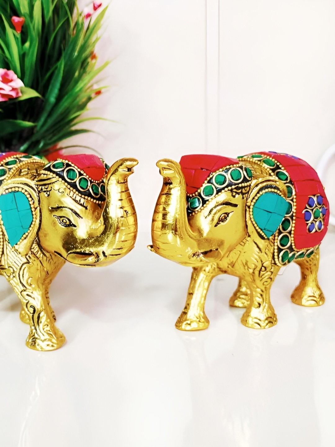 

Kridaykraft Golden & Red Elephant Figurine Metal Showpiece, Gold