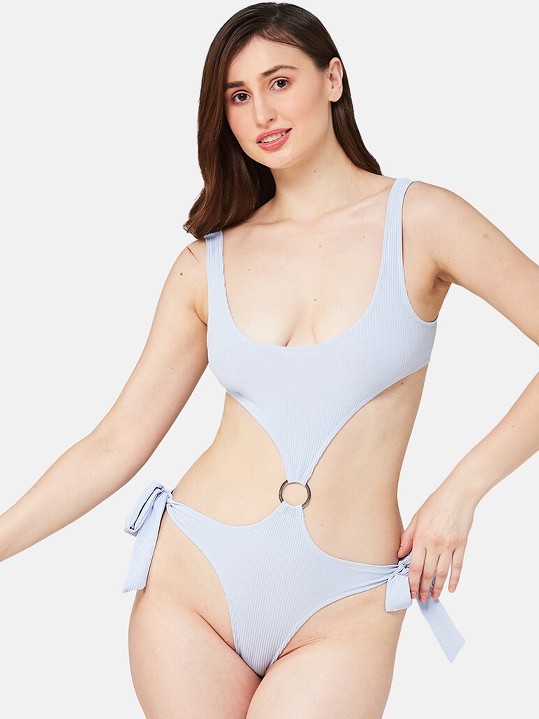 

Luxury By ZeroKaata Ribbed Beach-Wear Bodysuit with Tie-Up Detail, Blue