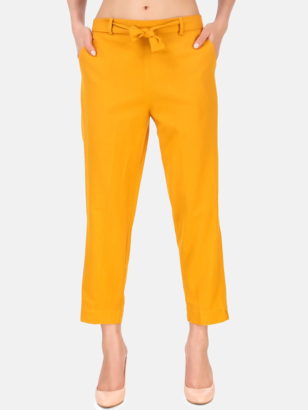 

BAESD Women High-Rise Cotton Trousers With Belt, Mustard