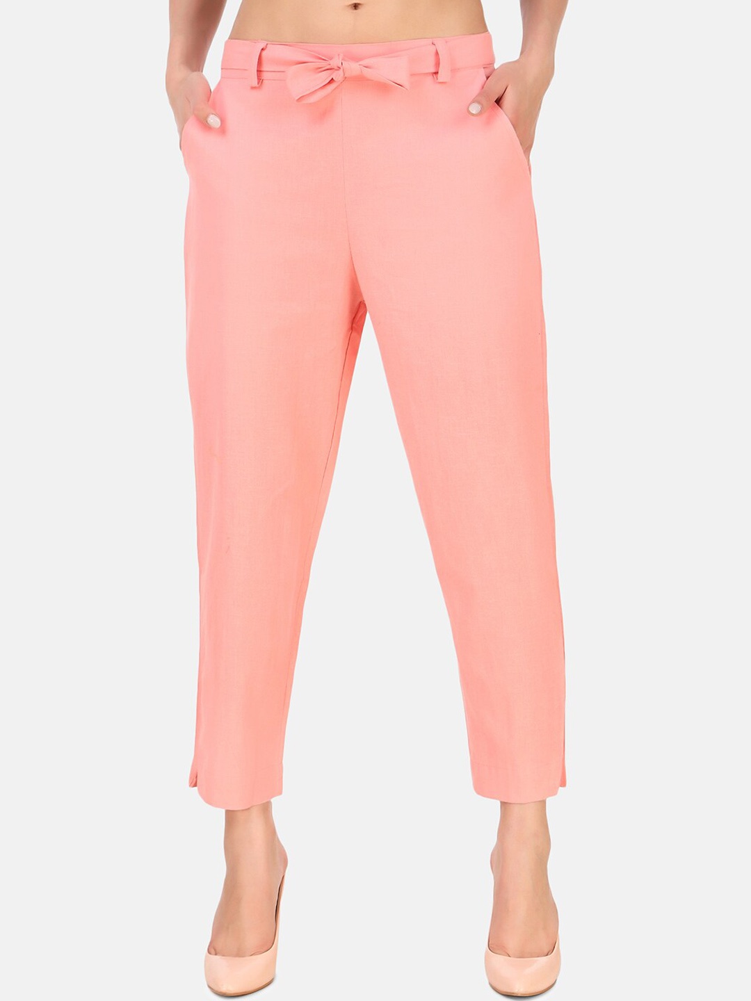 

BAESD Women High-Rise Cotton Trousers With Belt, Peach