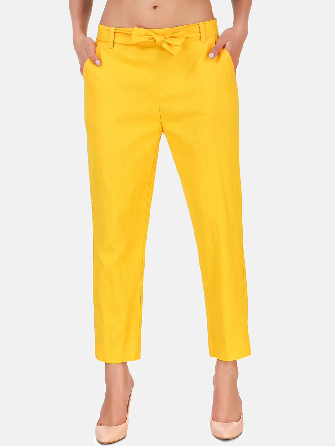 

BAESD Women High-Rise Cotton Trousers With Belt, Yellow