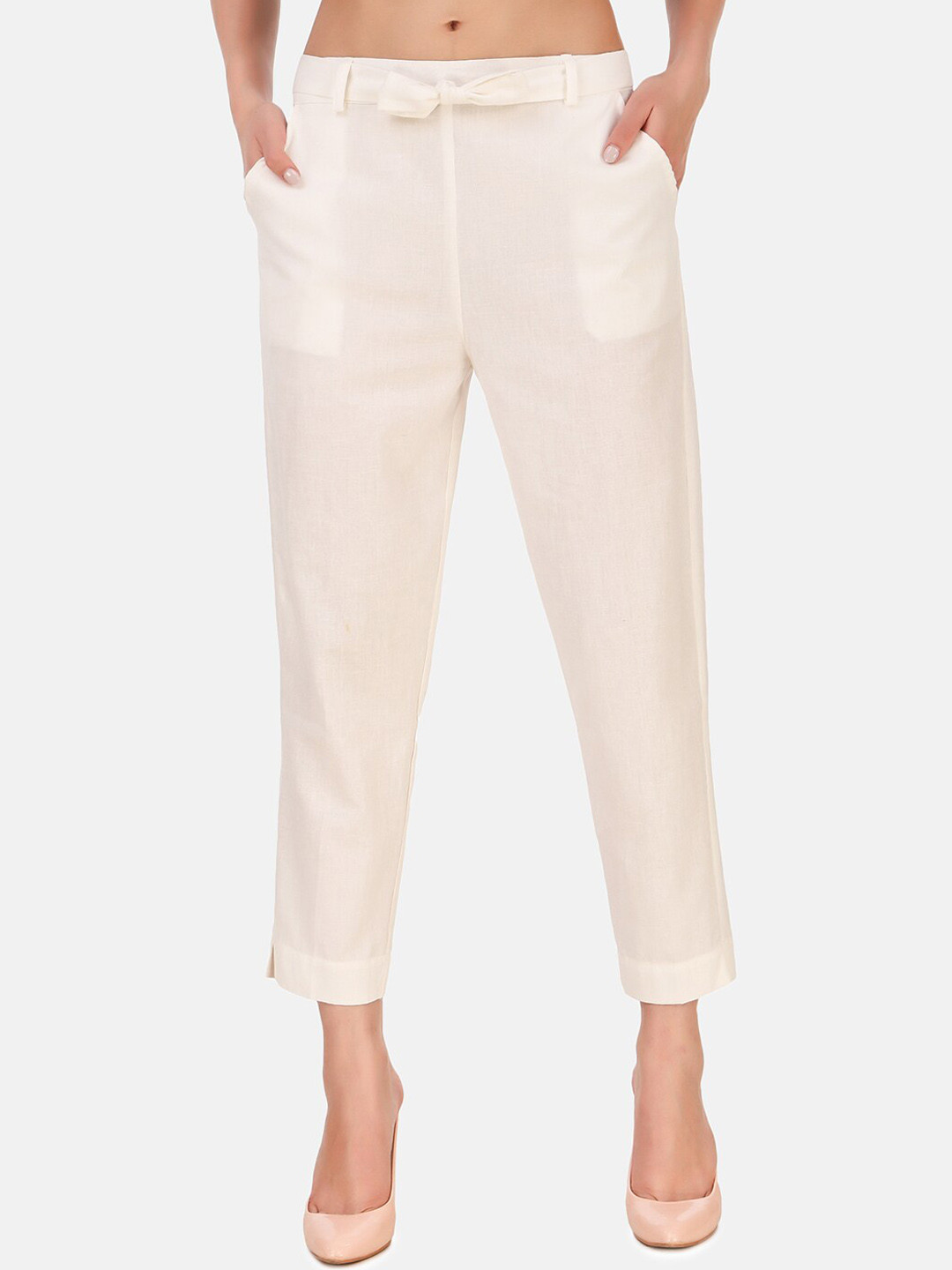 

BAESD Women High-Rise Cotton Trousers With Belt, Off white