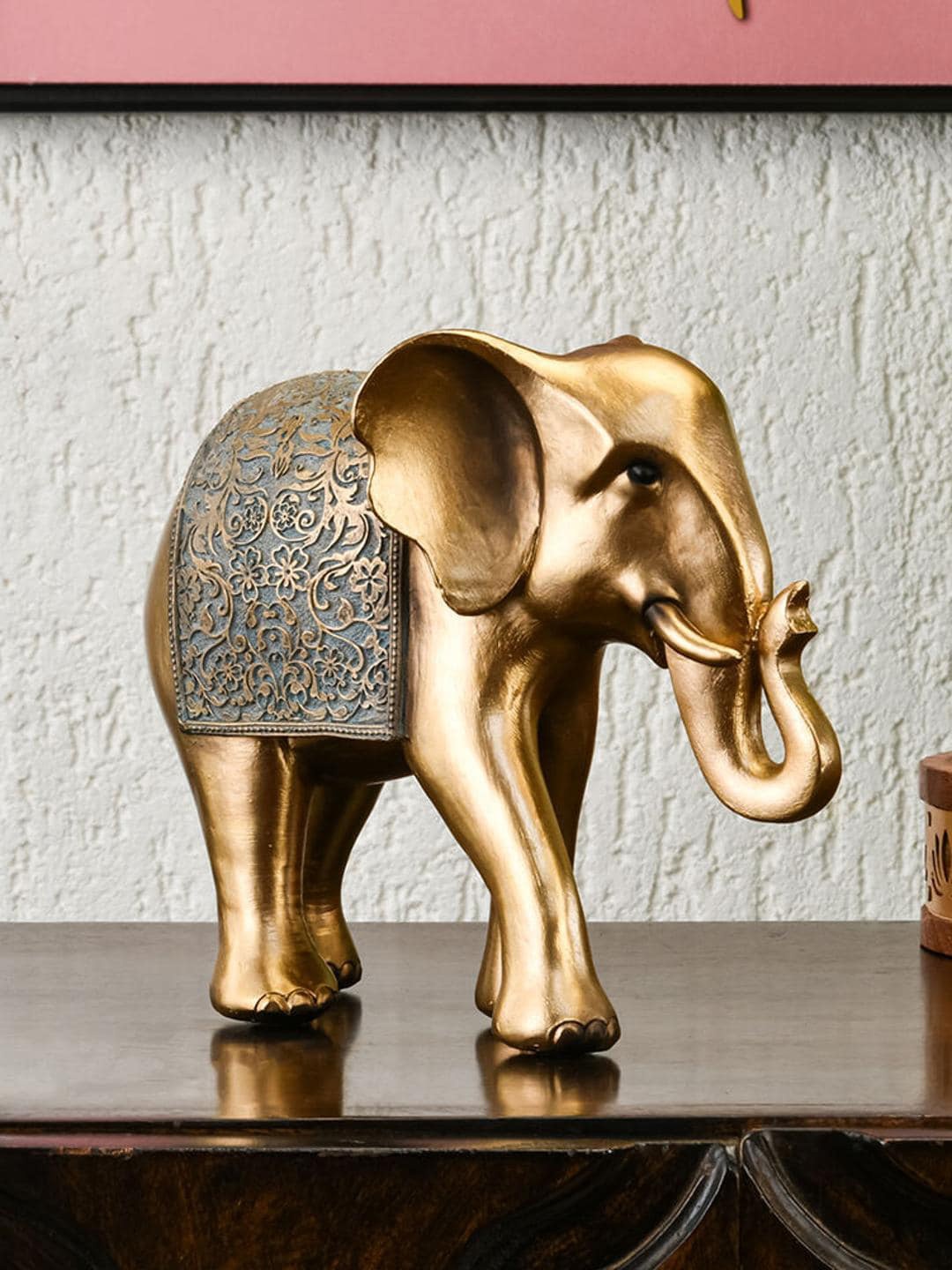 

Athome by Nilkamal Grey & Gold Toned Polyresin Curl Trunk Elephant Figurine Showpiece