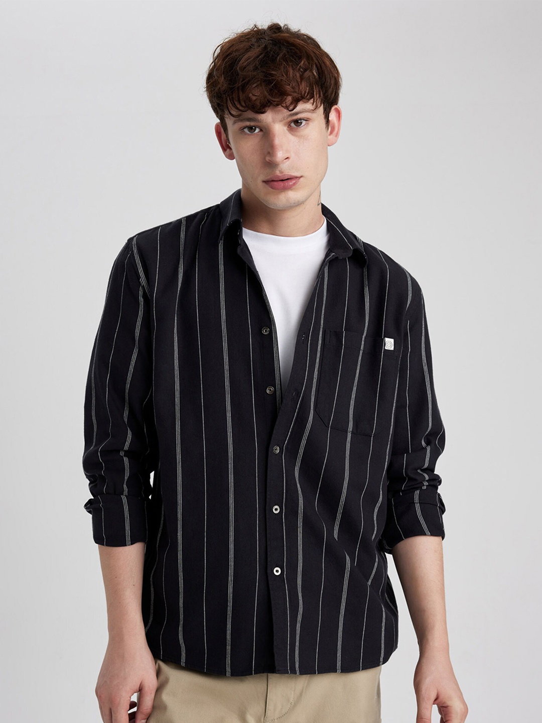 

DeFacto Striped Spread Collar Casual Pure Cotton Shirt, Black