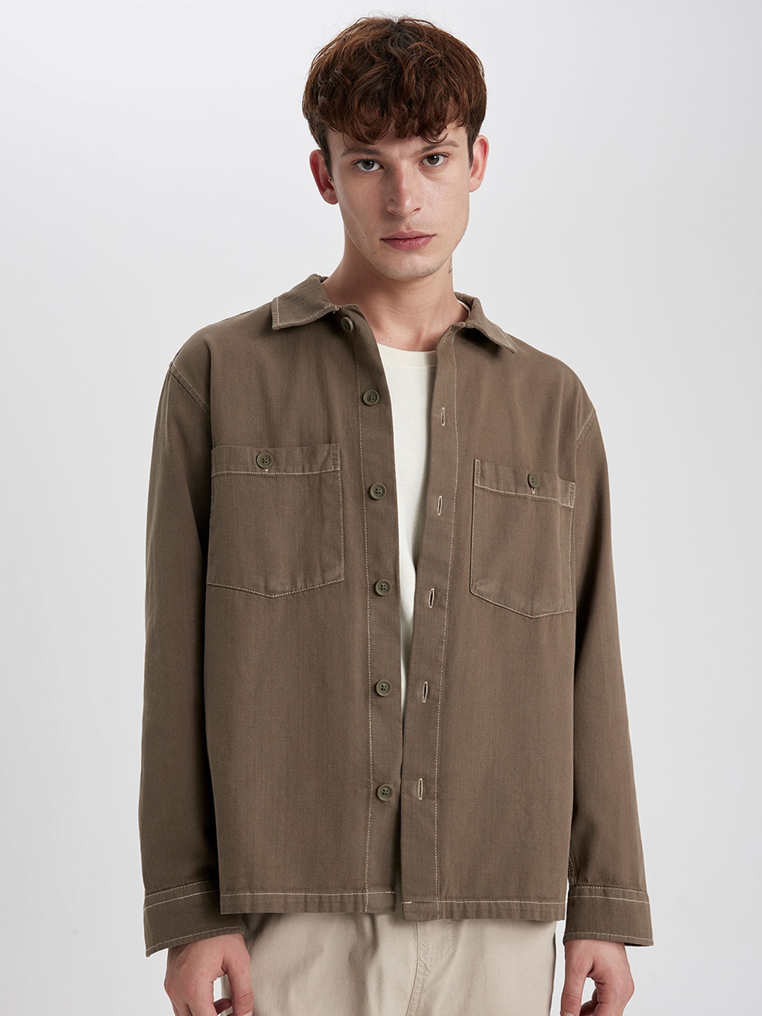 

DeFacto Spread Collar Pure Cotton Casual Shirt, Brown