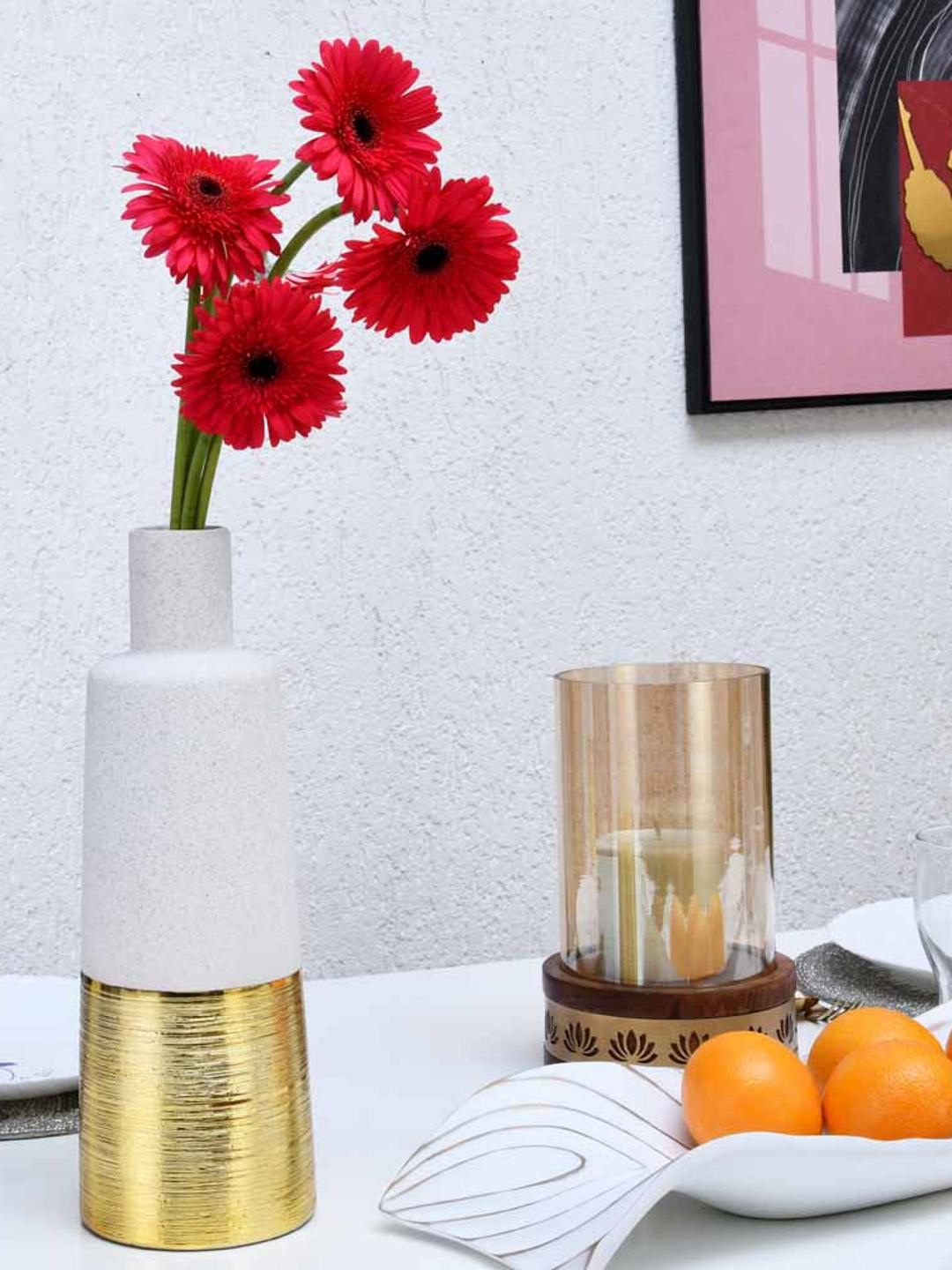 

Athome by Nilkamal Cream-Coloured & Golden Ceramic Bottle Vase