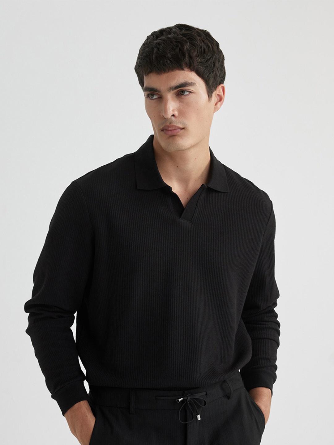 

DeFacto Ribbed Shirt Collar Pullover Sweater, Black