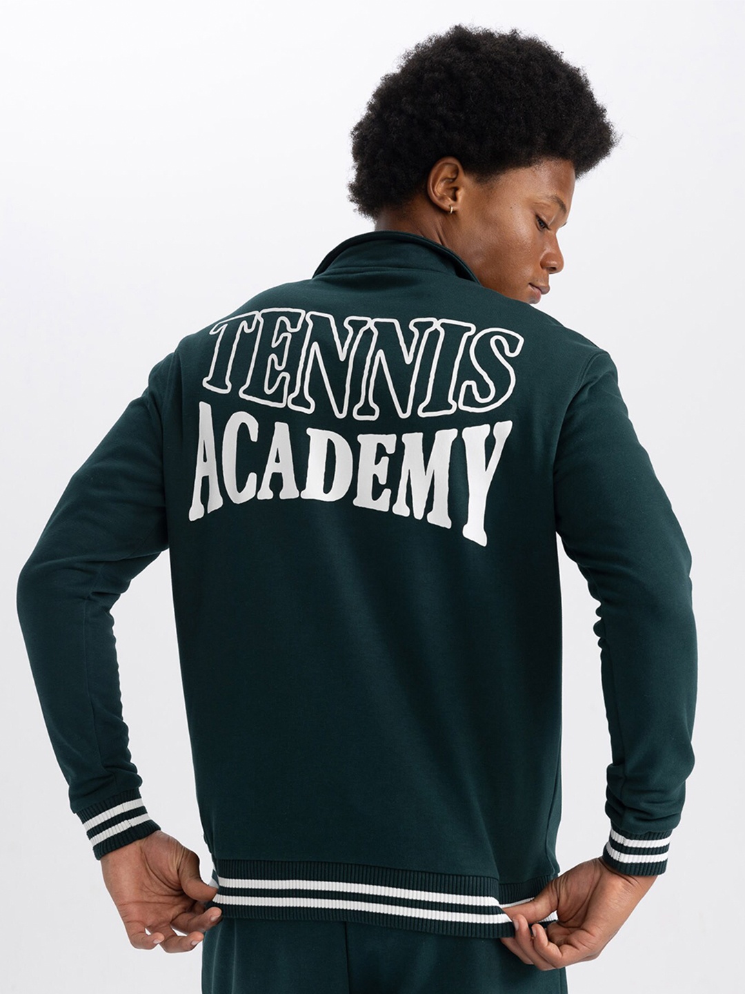 

DeFacto Typography Printed Mock Collar Half Zipper Pullover Sweater, Green