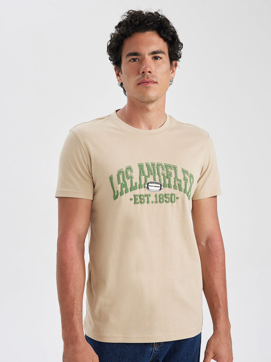 

DeFacto Typography Printed Round Neck Pure Cotton T-shirt, Beige