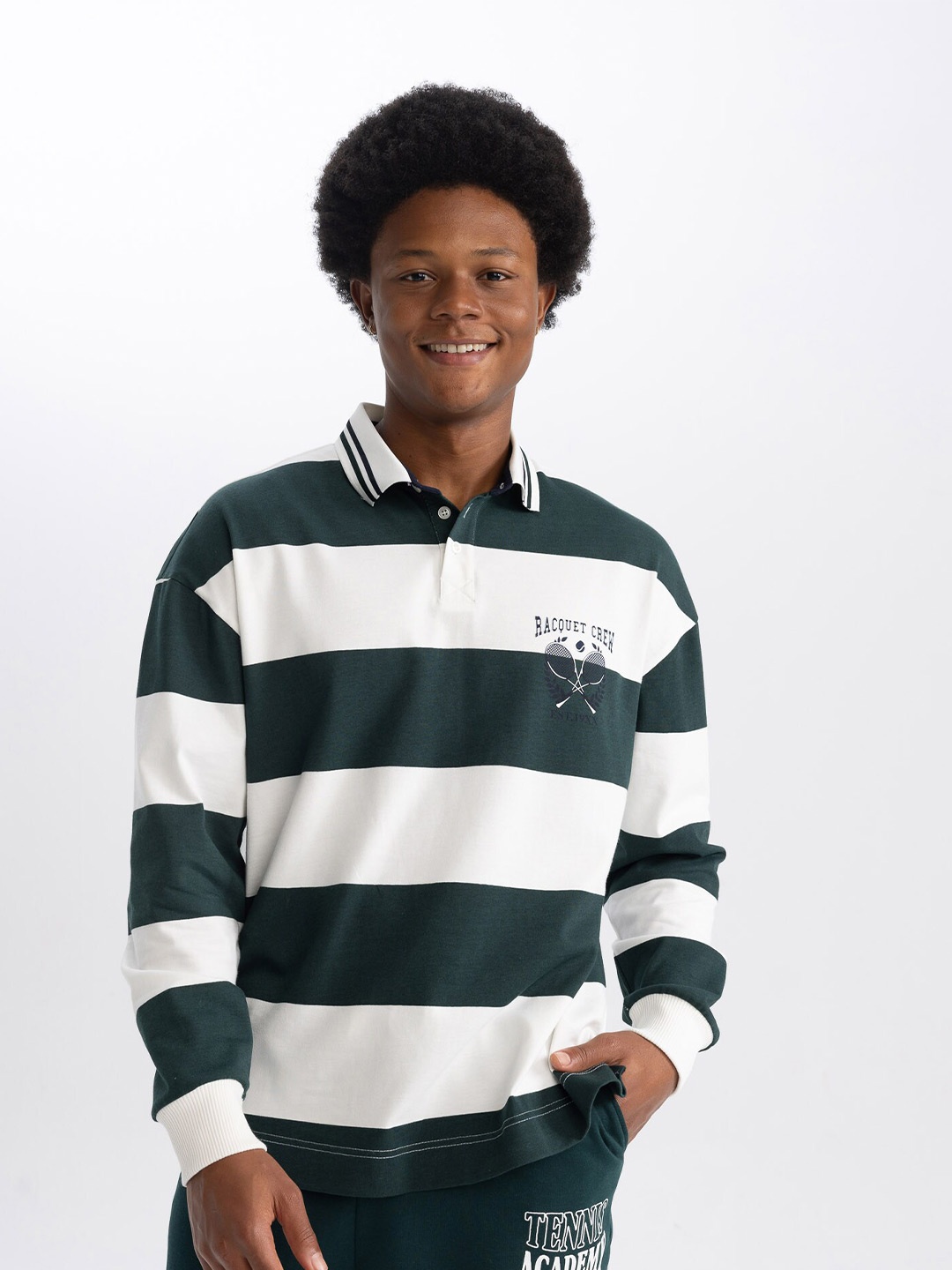 

DeFacto Striped Polo Collar Pure Cotton T-shirt, White