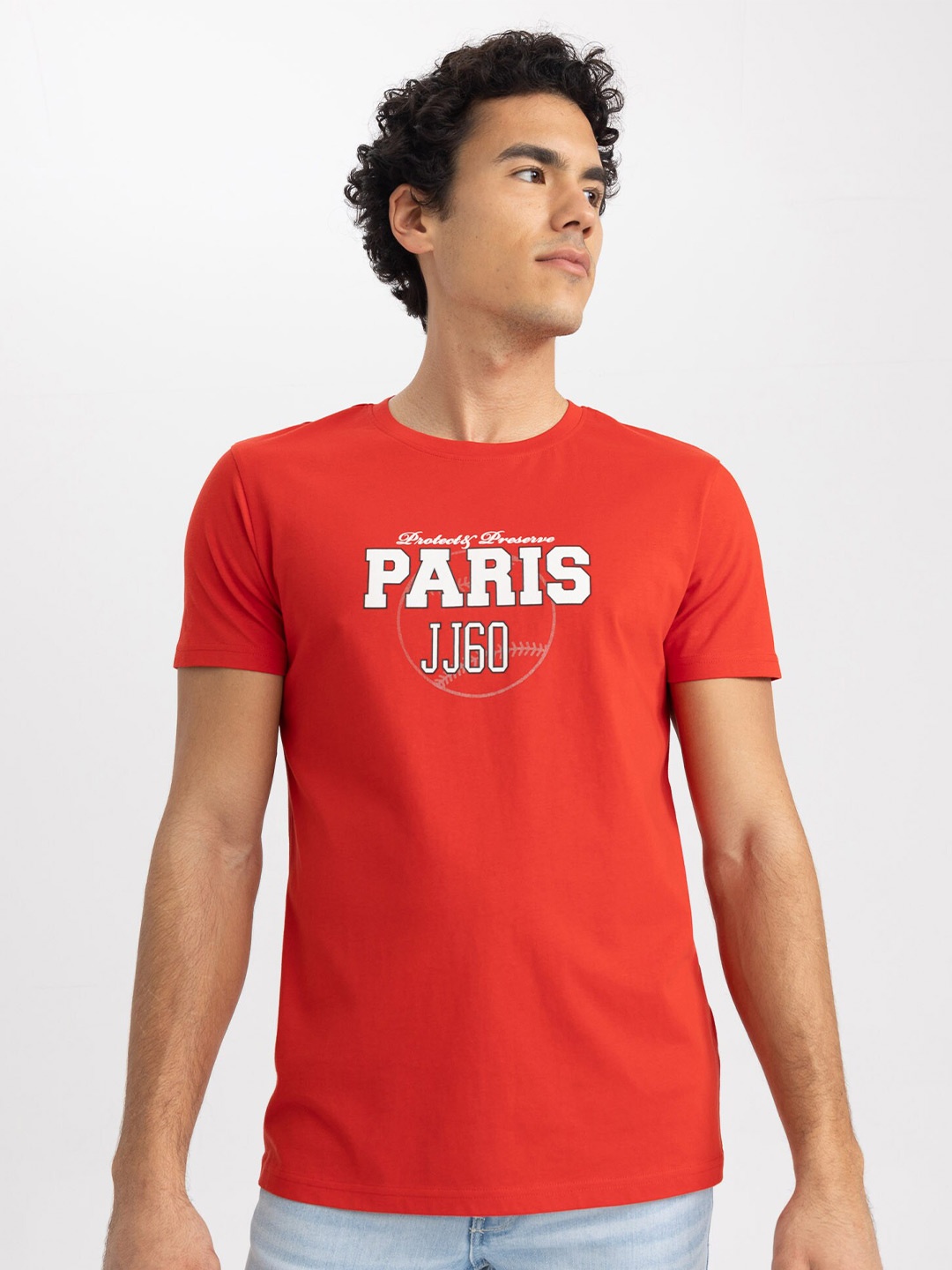 

DeFacto Typography Printed Round Neck Pure Cotton T-shirt, Red