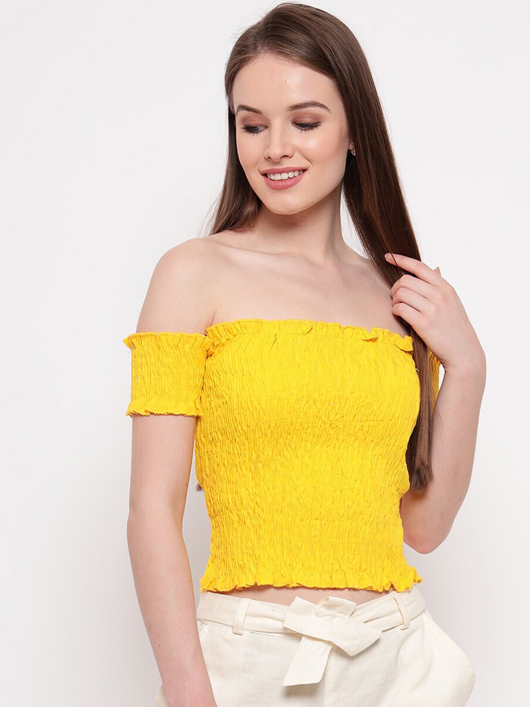 

BAESD Self Designed Gathered Detailed Off-Shoulder Crop Top, Yellow