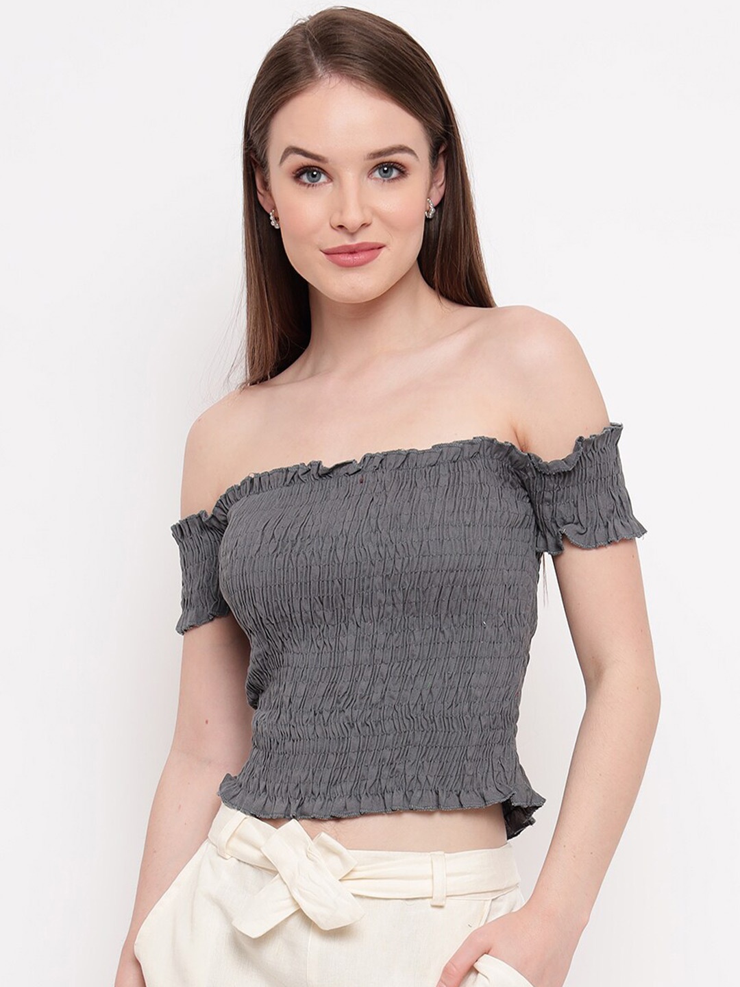 

BAESD Self Design Off Shoulder Smocked Bardot Crop Top, Grey