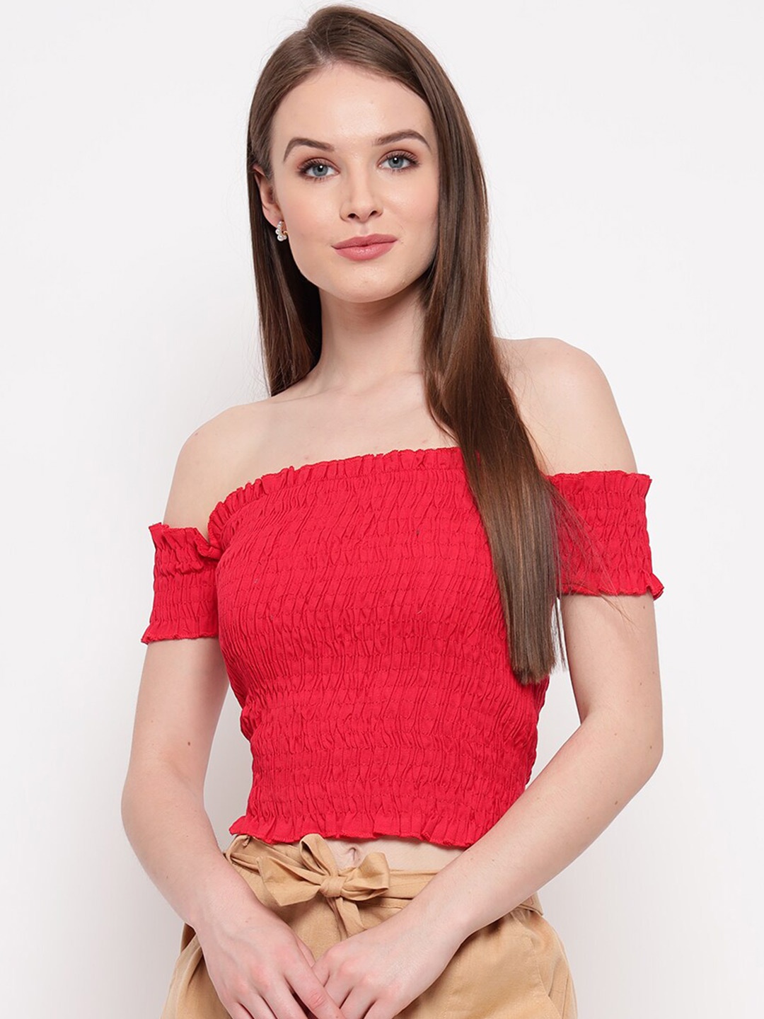 

BAESD Off Shoulder Smocked Fitted Crop Dress, Red