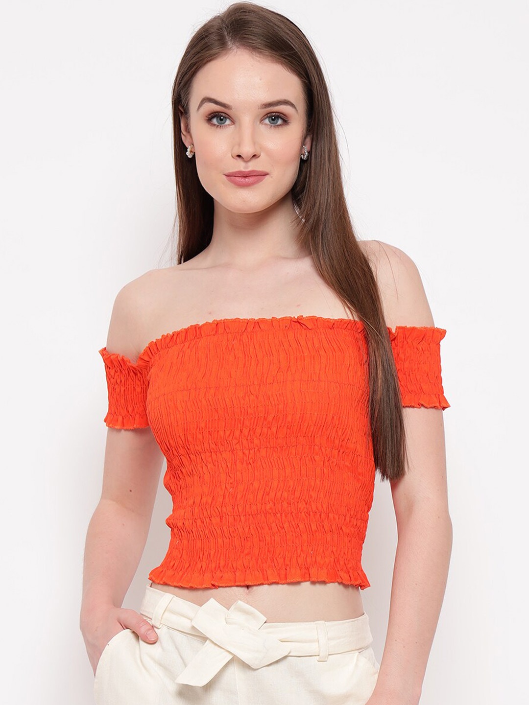 

BAESD Off-Shoulder Smocked Fitted Crop Top, Orange