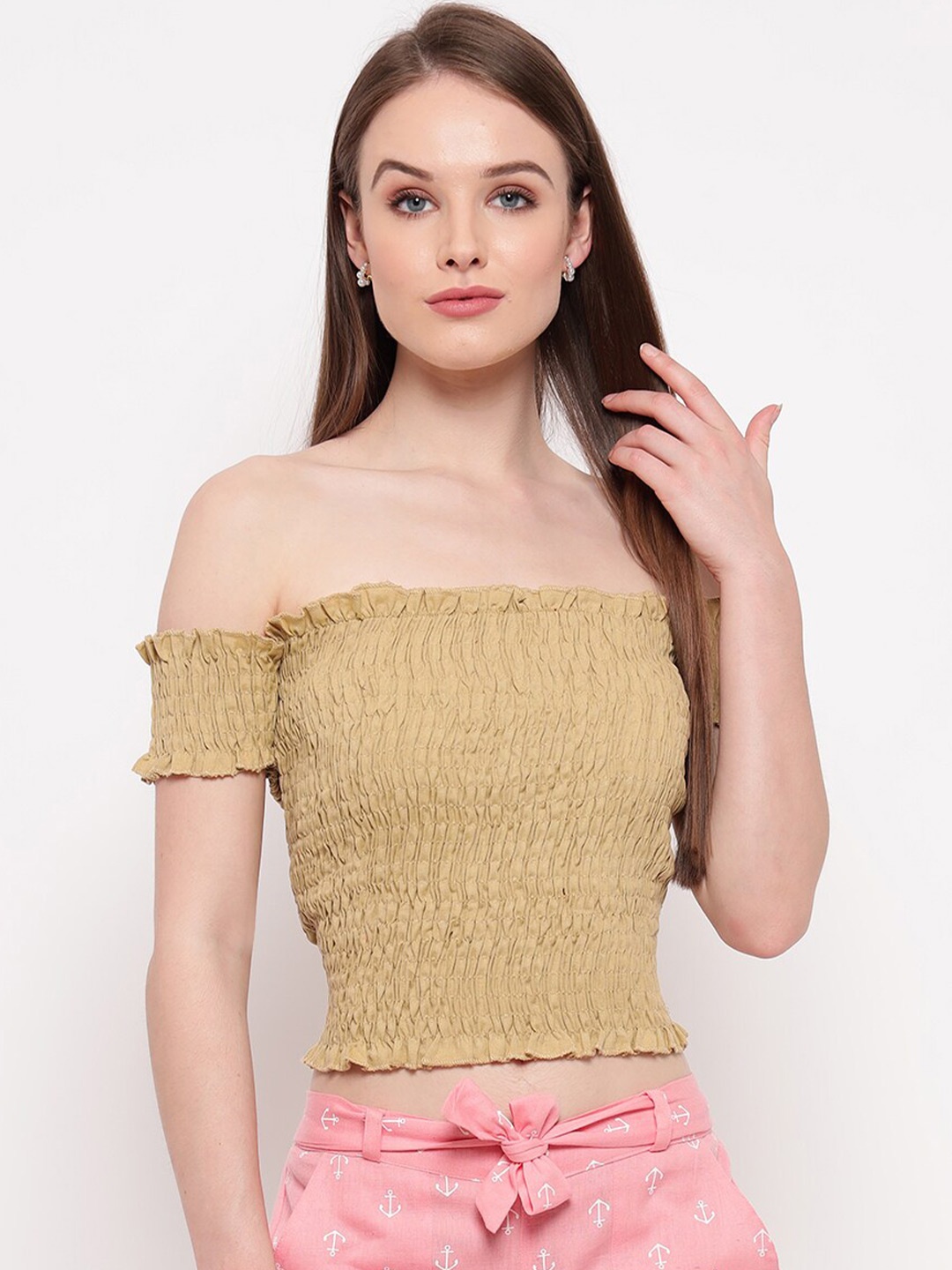 

BAESD Self Design Bardot Crop Top, Beige