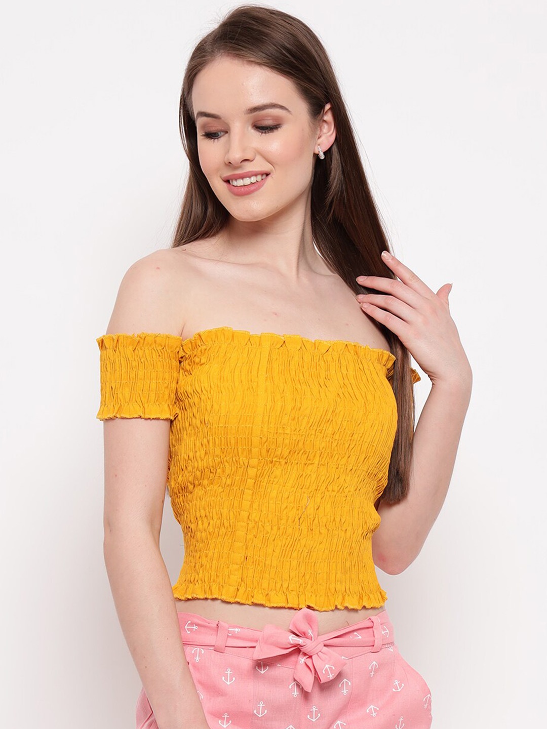 

BAESD Off Shoulder Neck Accordion Pleats Cotton A Line Crop Top, Mustard