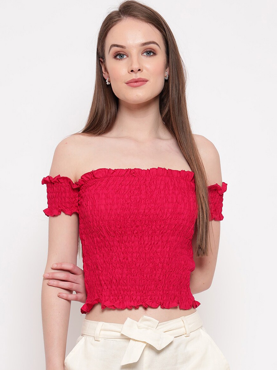 

BAESD Self Designed Gathered Detailed Off-Shoulder Crop Top, Pink