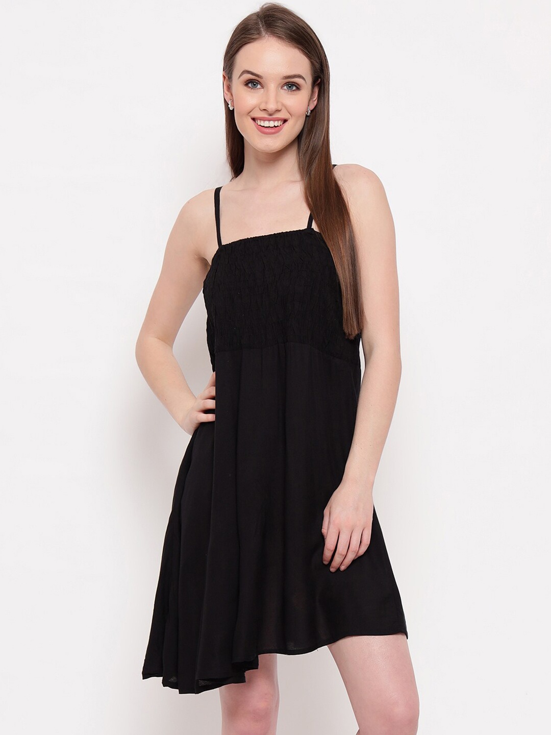 

BAESD Shoulder Straps Smocked A Line Mini Dress, Black