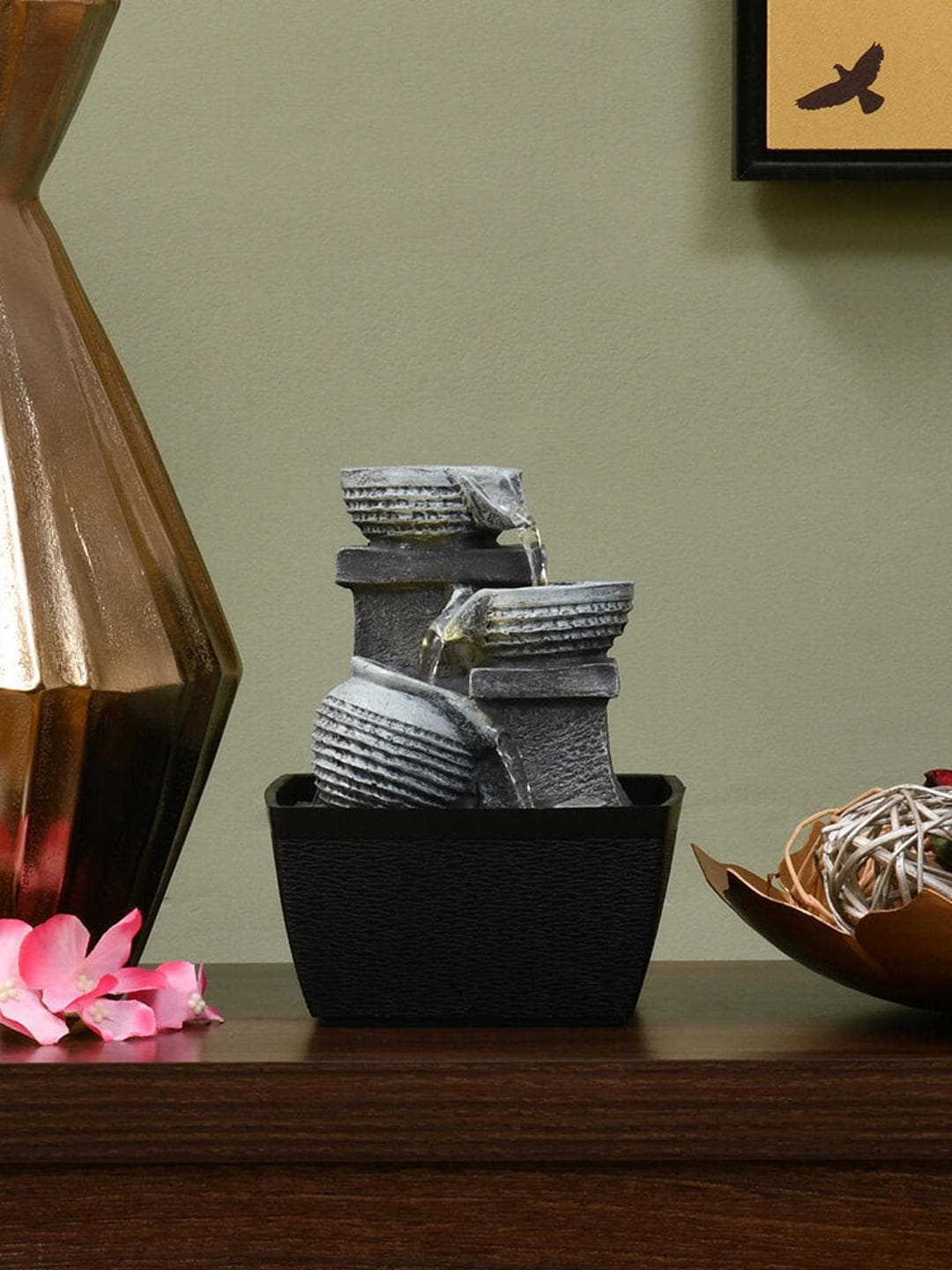 

Athome by Nilkamal Black & Grey Textured Polyresin 3 Pots Indoor Water Fountain