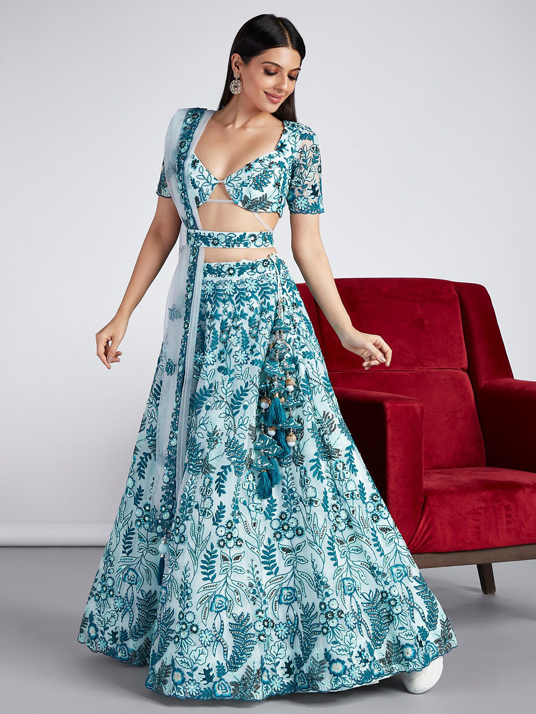 

VAANI CREATION Embroidered Semi-Stitched Lehenga & Unstitched Blouse With Dupatta, Turquoise blue