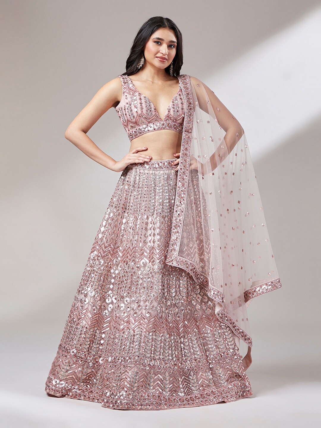 

VAANI CREATION Embroidered Net Semi-Stitched Lehenga & Unstitched Blouse With Dupatta, Rose gold