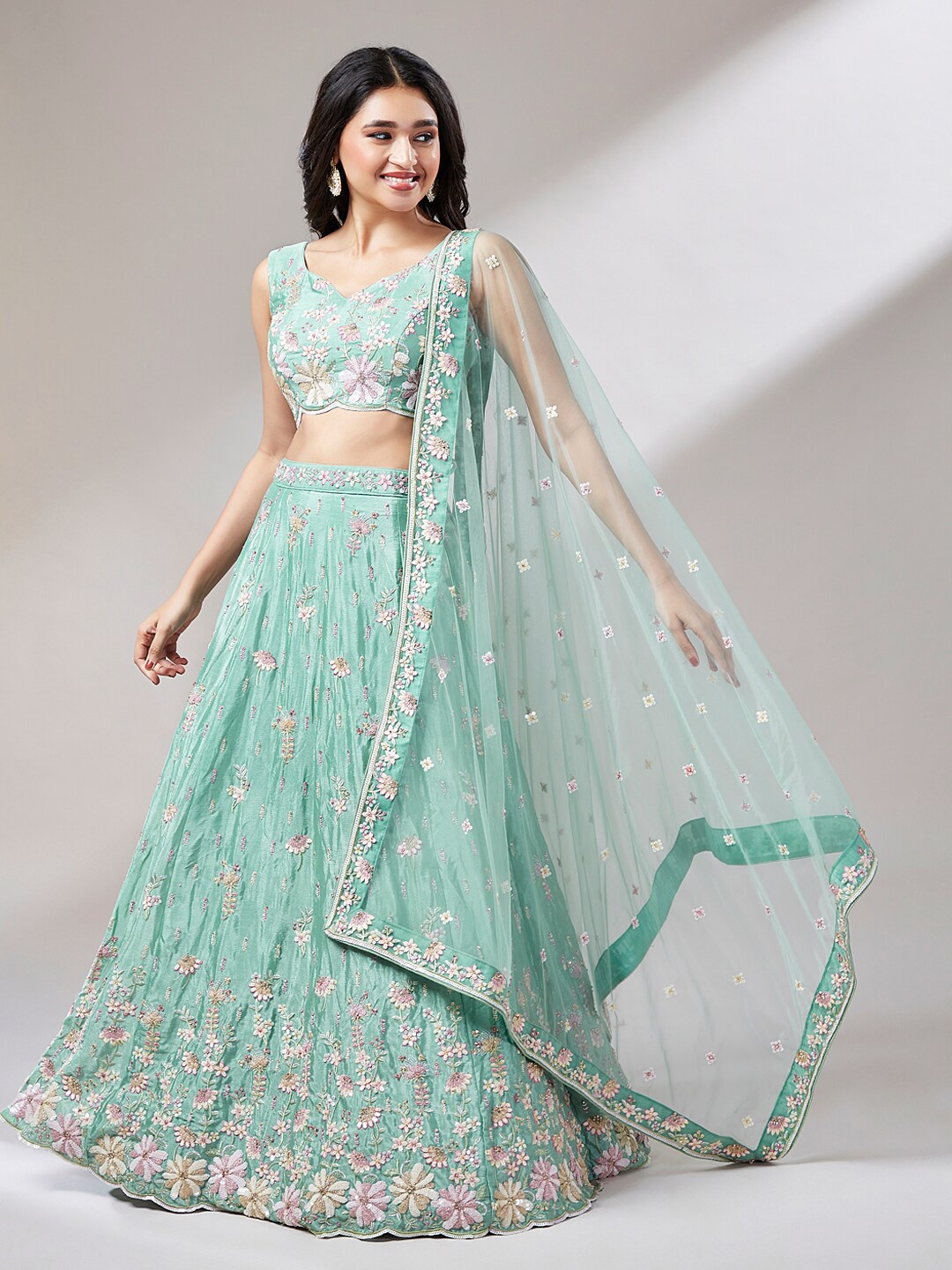 

VAANI CREATION Embroidered Semi-Stitched Lehenga & Unstitched Blouse With Dupatta, Sea green