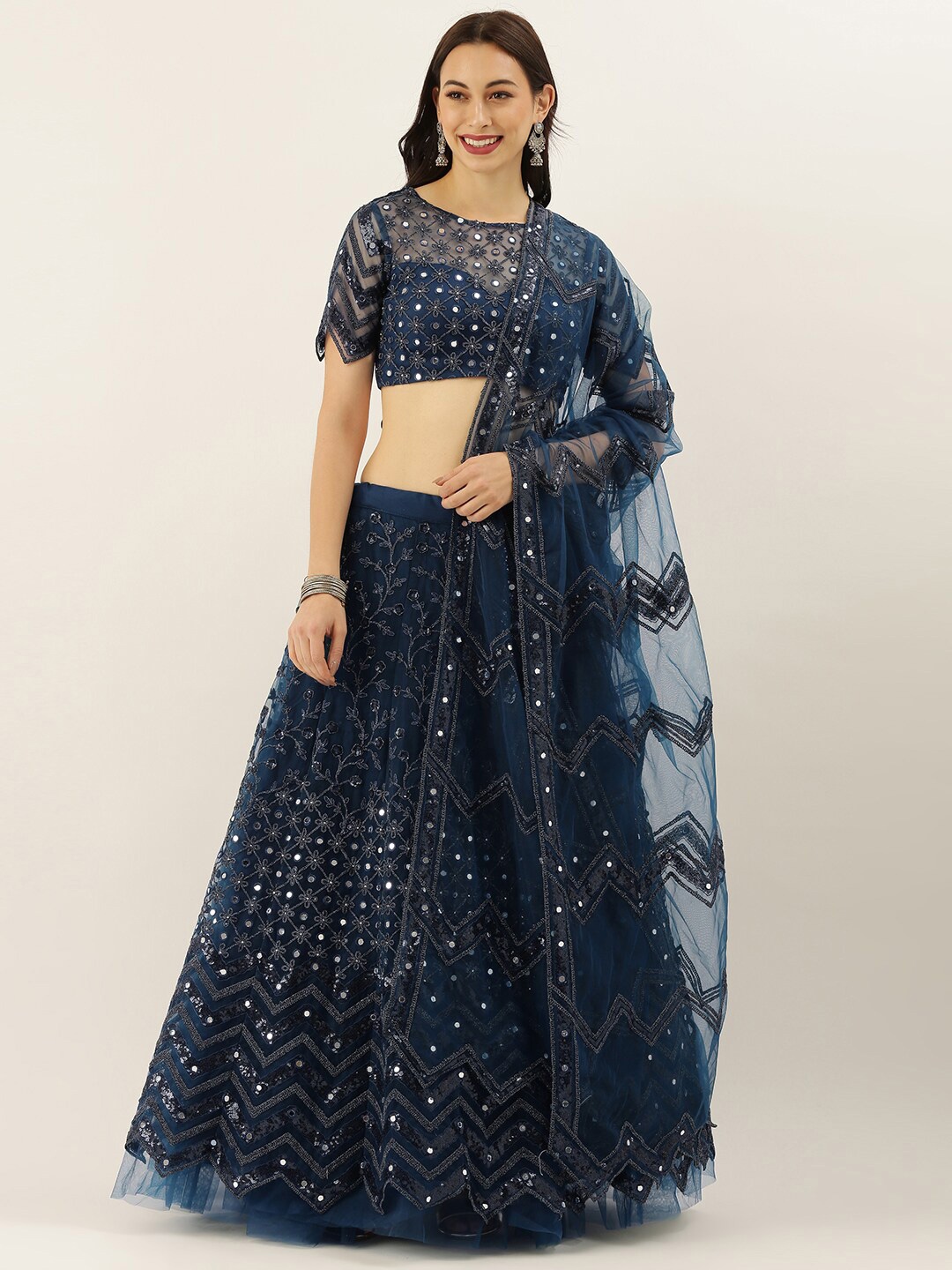 

VAANI CREATION Embroidered Semi-Stitched Lehenga & Unstitched Blouse With Dupatta, Navy blue