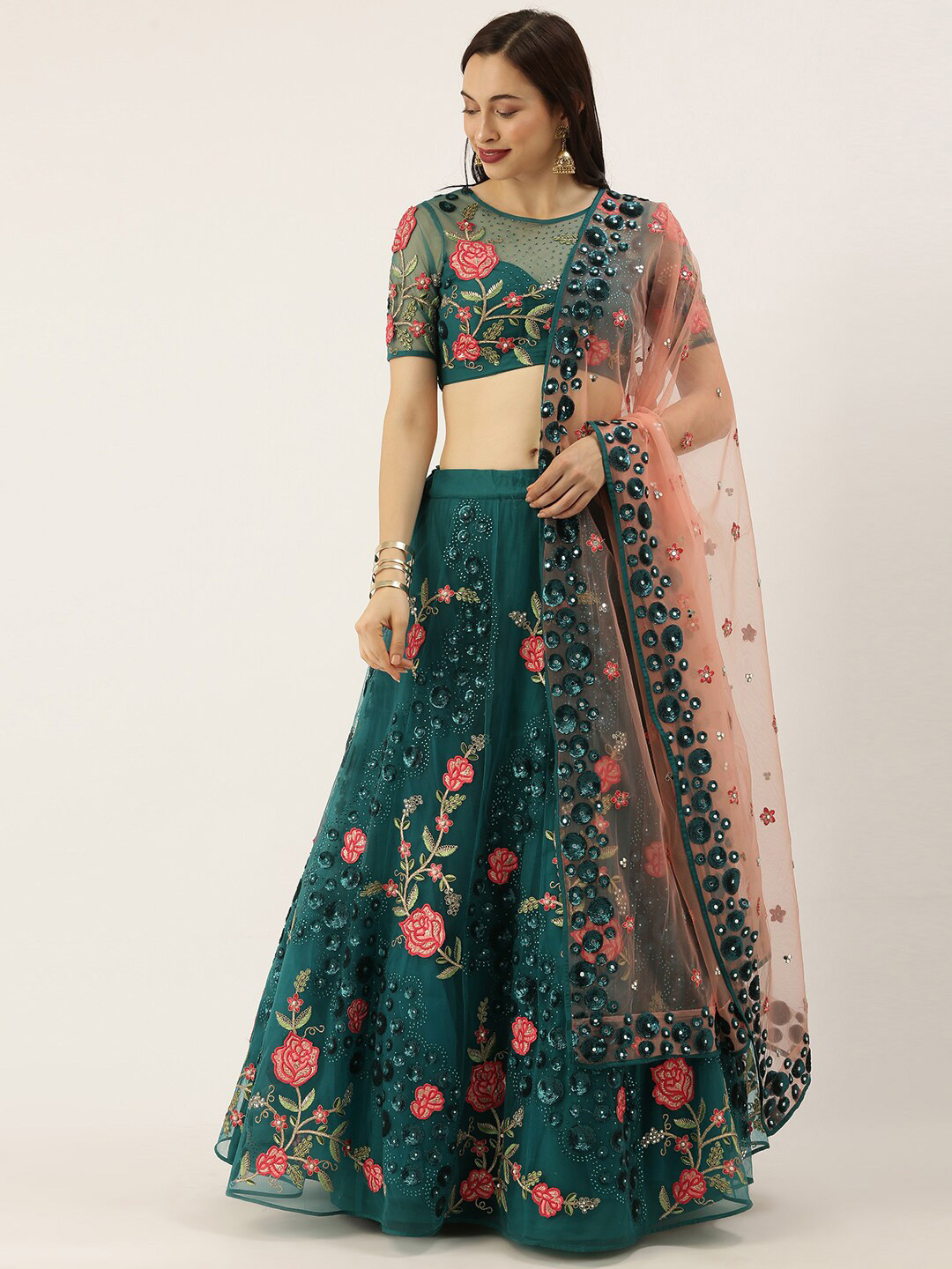 

VAANI CREATION Embroidered Net Semi-Stitched Lehenga & Unstitched Blouse With Dupatta, Teal