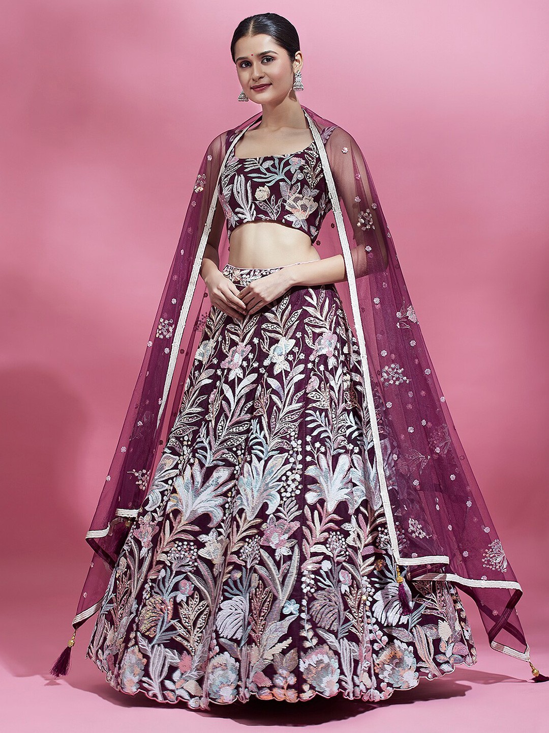 

VAANI CREATION Embroidered Semi-Stitched Lehenga & Unstitched Blouse With Dupatta, Burgundy