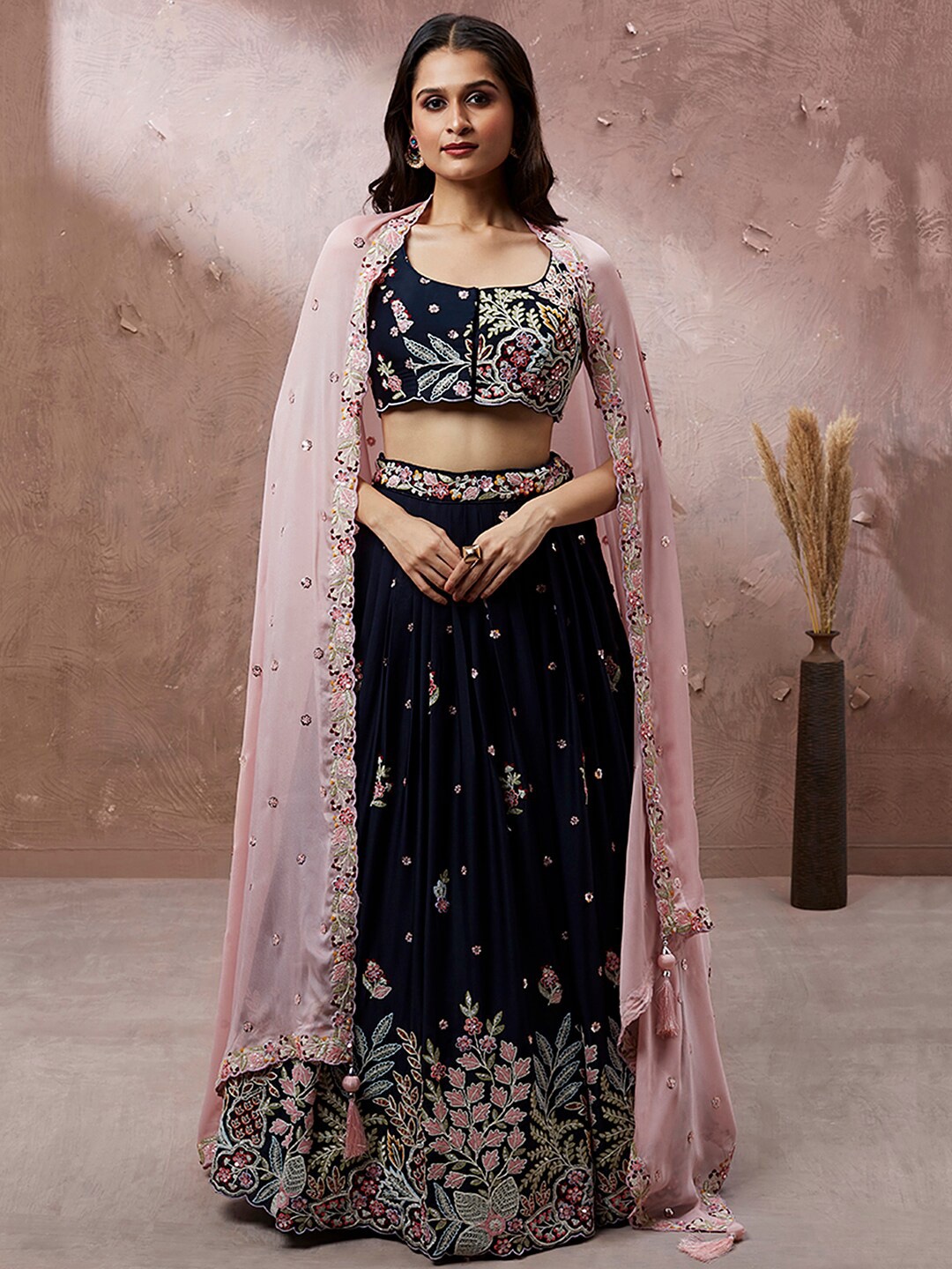 

VAANI CREATION Embroidered Semi-Stitched Lehenga & Unstitched Blouse With Dupatta, Navy blue